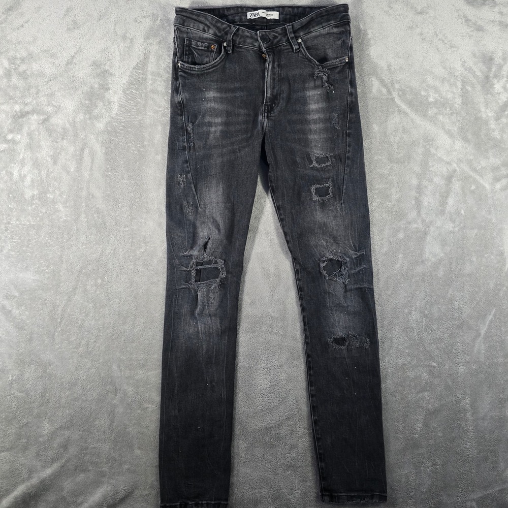 Zara Distressed Ripped Slim Fit Denim Jeans Black Wash Distressed EUR 38‎